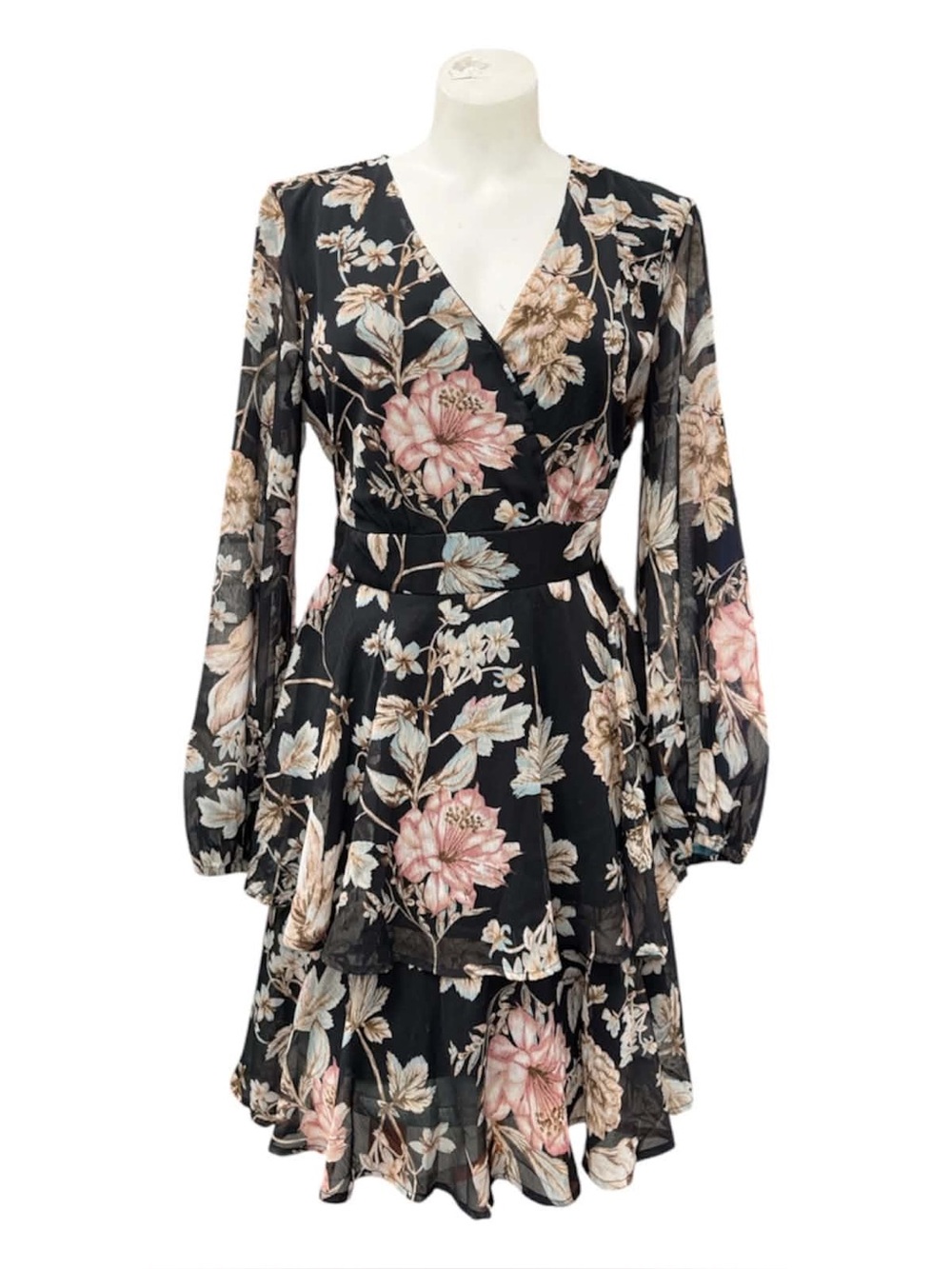 Venus V-Neck Long Sleeve Tiered Floral Dress - Black with Pink & Cream Flowers